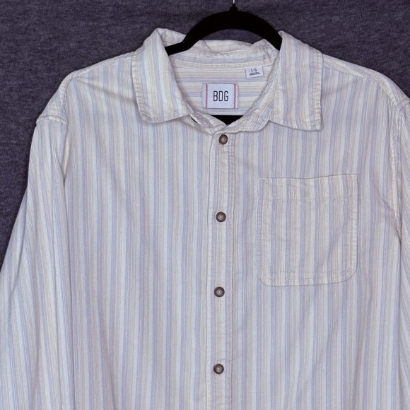 BDG Urban Outfitters Mens Large Button-Down Shirt Beige Stripe Long Sleeve - Picture 5 of 11